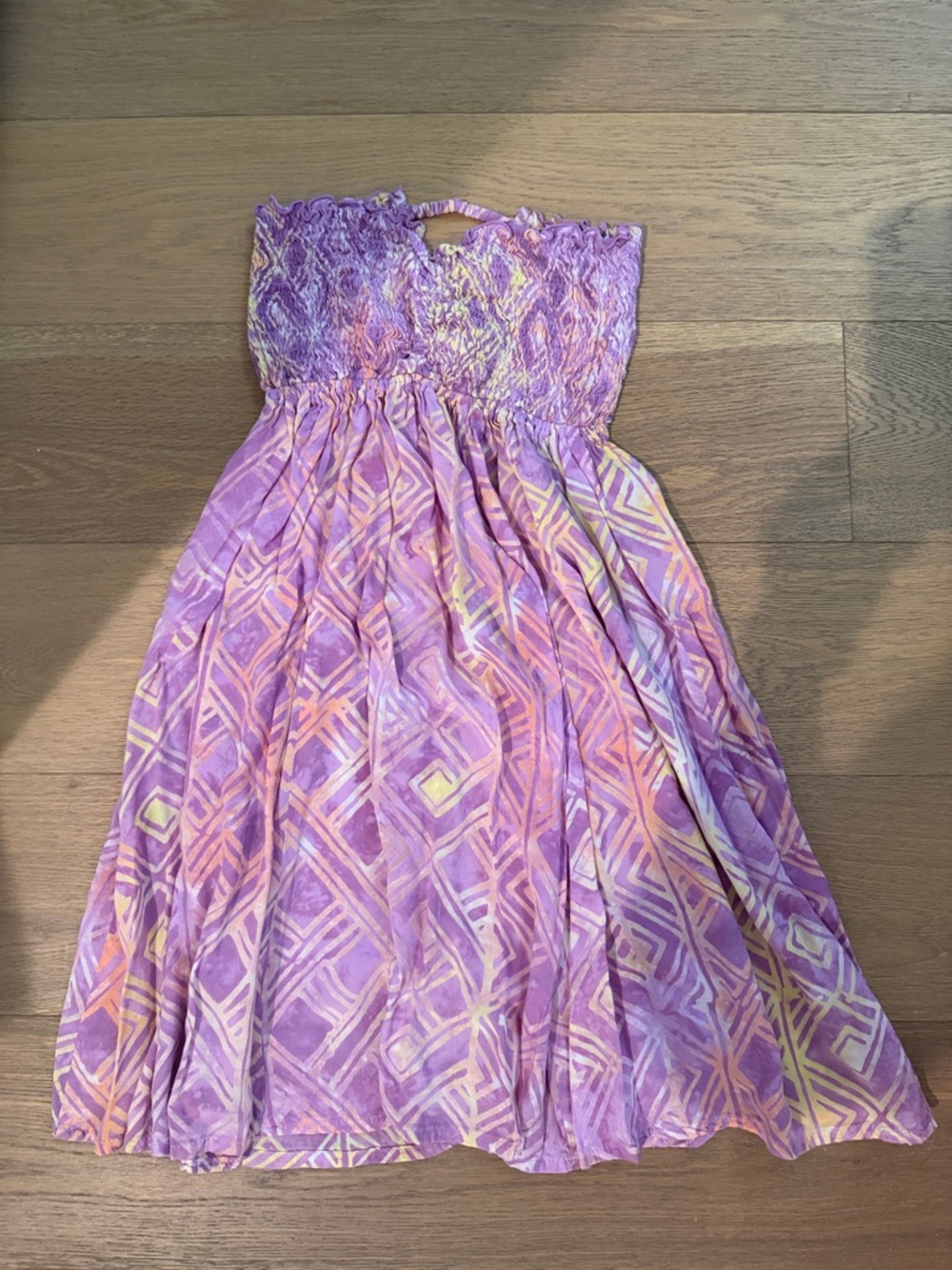 Tiare Hawaii Purple Smocked Mini Dress with Pink & Cream Geometric Print